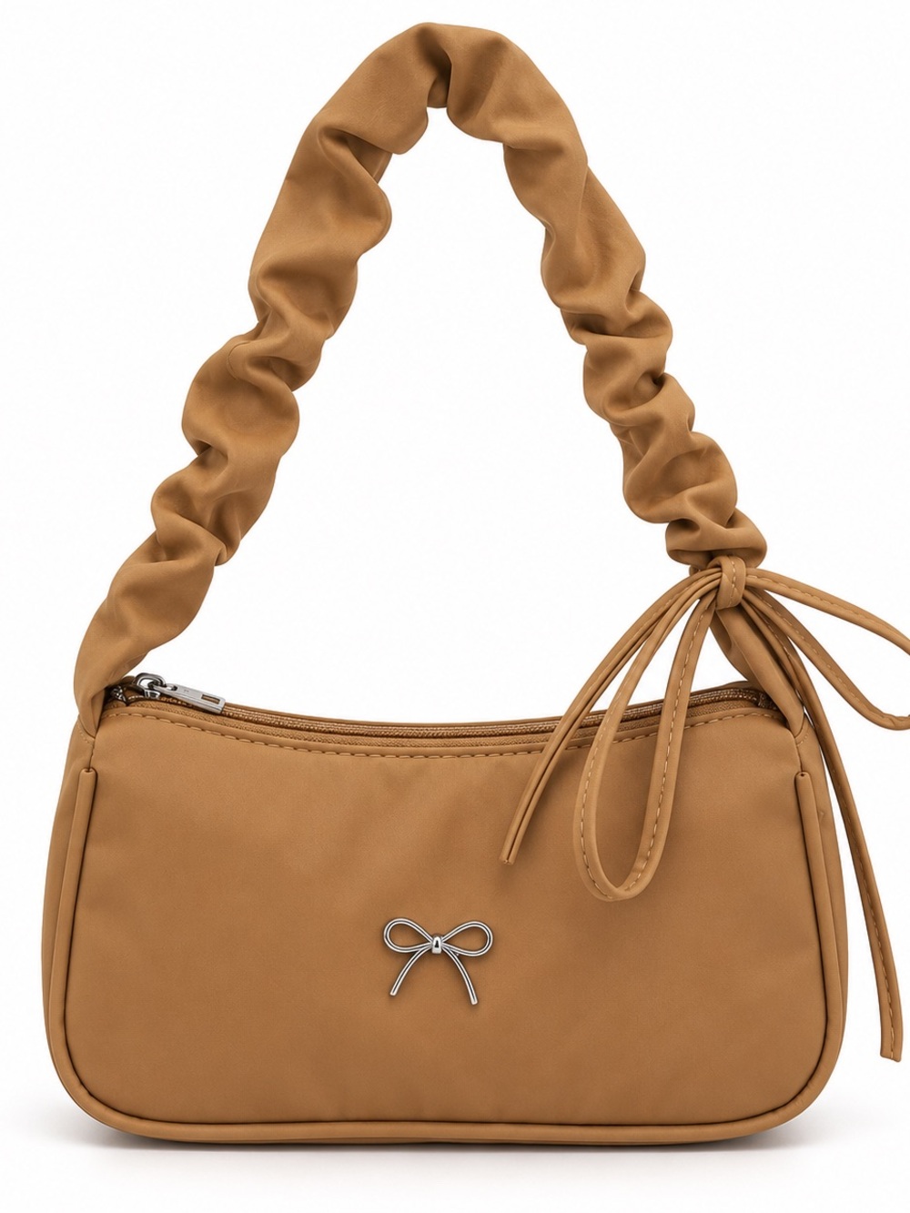 Tan Scrunch-Handle Shoulder Bag with Bow Accent